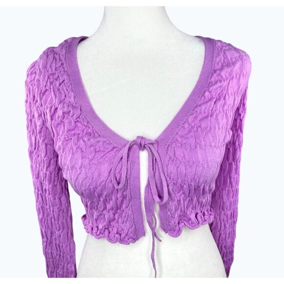 Free People Scrunchy Shrug Purple Long Sleeve Cropped Tie Front Cardigan Size XS - Picture 11 of 14